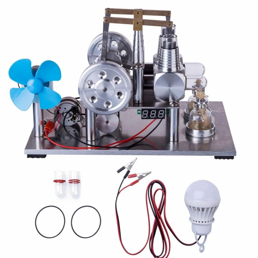 Model Engine * | Enginediy Enjomor Balance Type 2 Cylinder Hot Air Stirling Engine Generator With Bulb, Voltage Meter, Fan Stem Toy