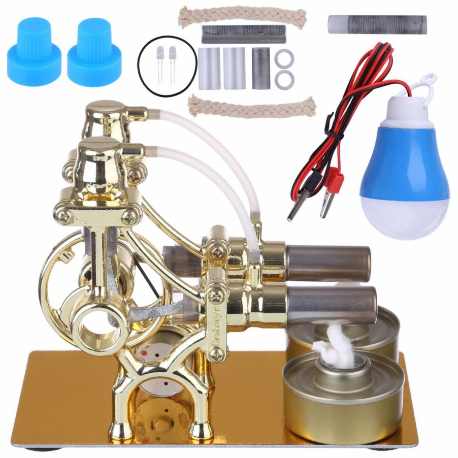 Model Engine * | Enginediy L-Type 2 Cylinder Stirling Engine Generator Model With Led Diode And Bulb Science Experiment Teaching Model Toy Collection