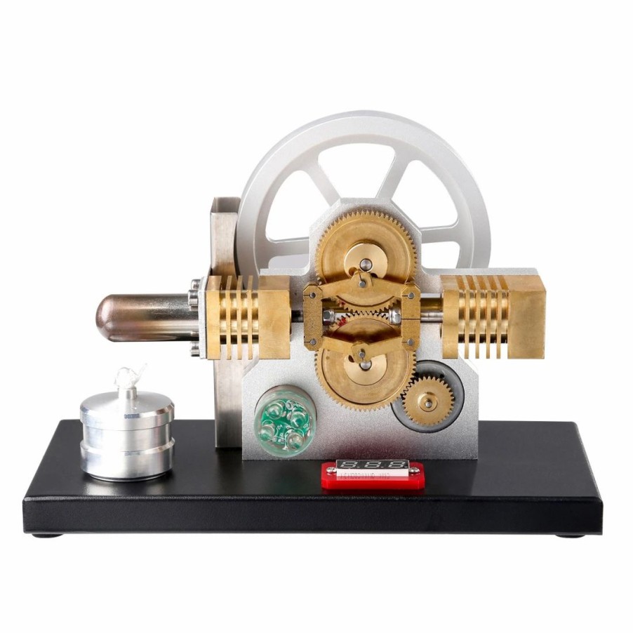 Model Engine * | Enginediy Enjomor Hot Air Stirling Engine Generator Model With Led Light And Voltmeter Horizontally Opposed Diamond Structure Gear Drive