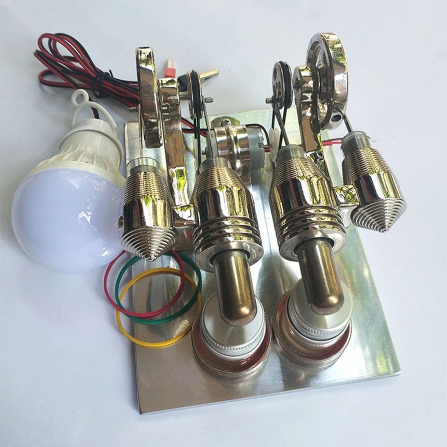 Stem Model * | Engine Diy Two-Cylinder Stirling Engine Model With Led Metal Generator External Combustion Engine Model