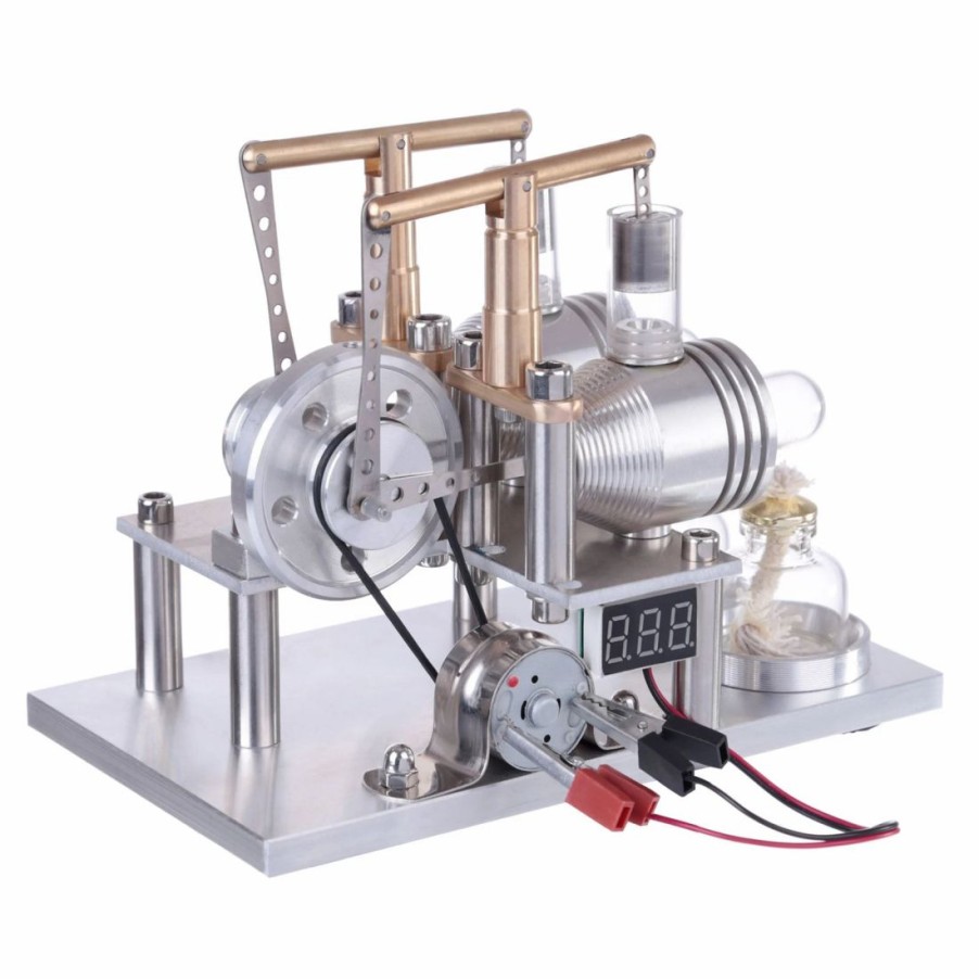 Model Engine * | Enginediy Enjomor Balance Type 2 Cylinder Hot Air Stirling Engine Generator Model With Led Bulb And Voltage Meter Stem Toy